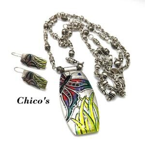 Chico's Butterfly Enamel Rhinestone Pendant Necklace Earrings Set, 21" & 1 1/2"